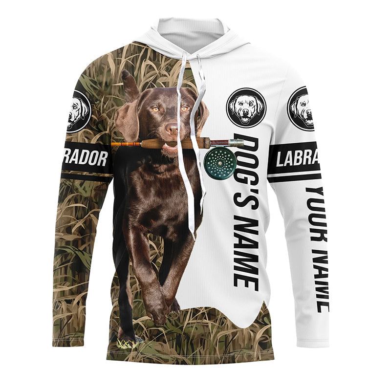 Dog with Fishing Rod Best water dogs chocolate Lab custom Name UV protection, Fishing gift FSD3881
