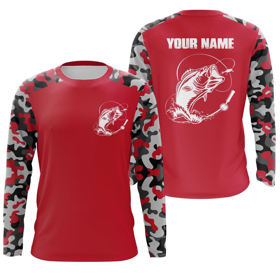 Custom Name Bass Fishing Camouflage Red Performance Fishing, Bass Fishing FSD2867