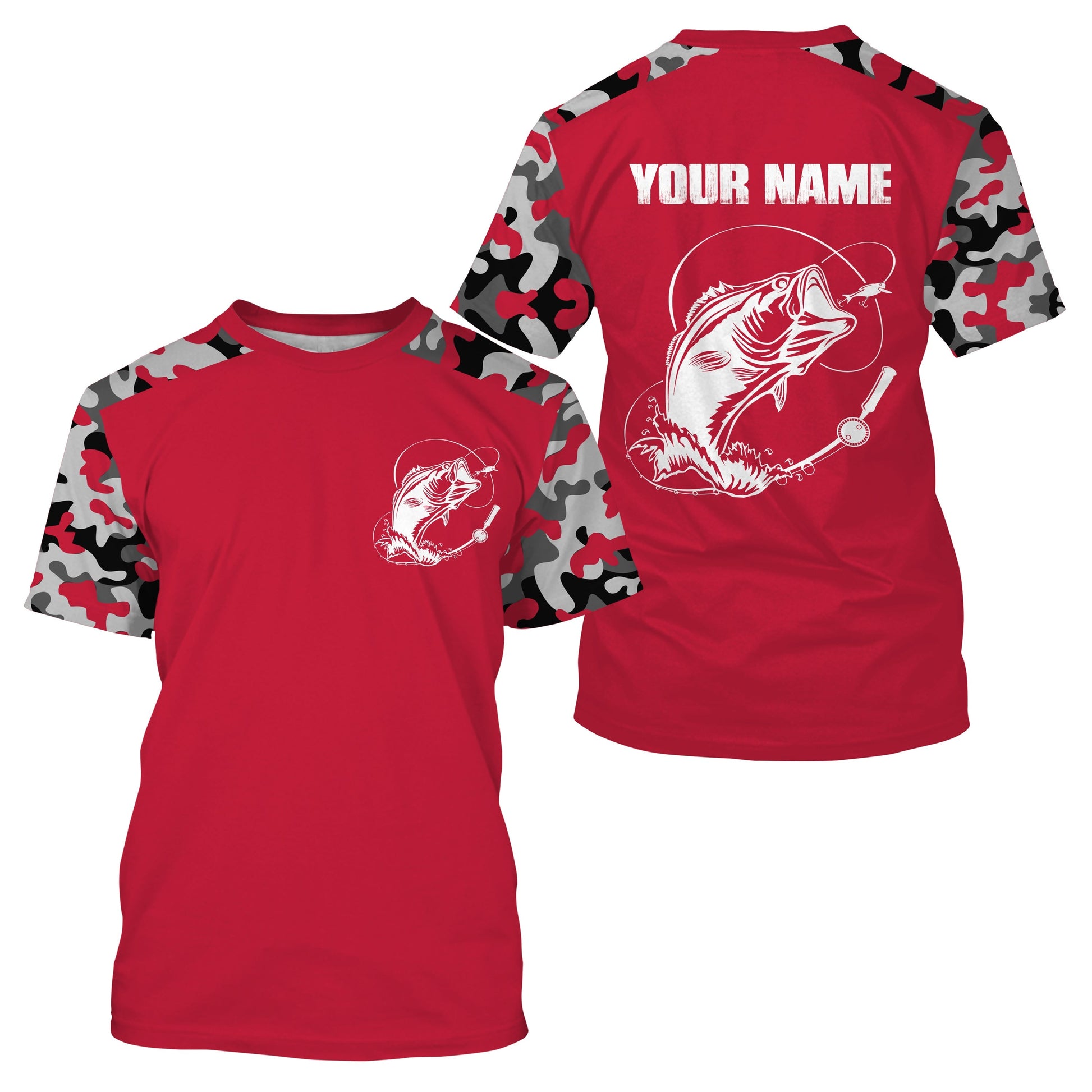 Custom Name Bass Fishing Camouflage Red Performance Fishing, Bass Fishing FSD2867