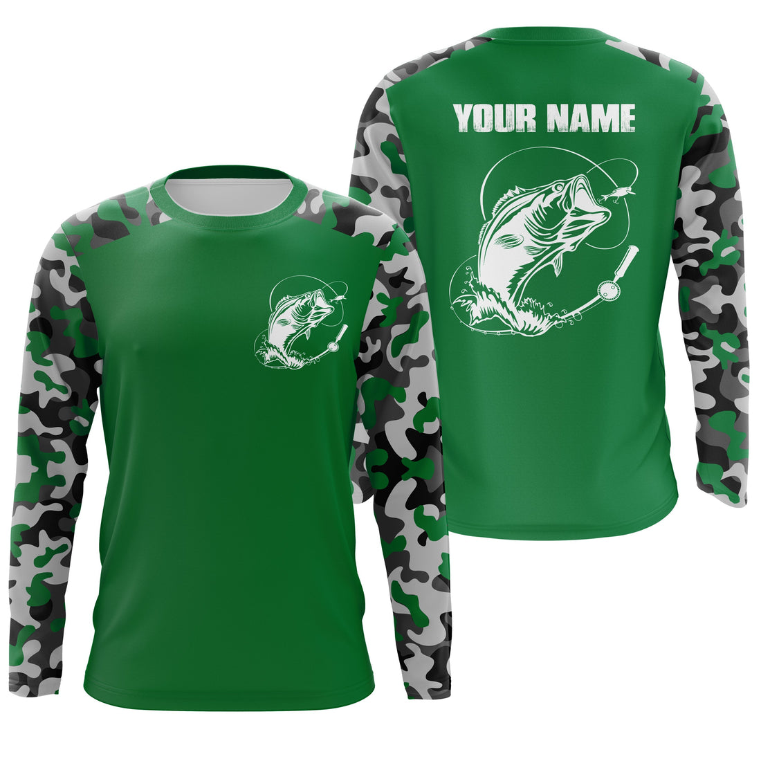 Custom Name Bass Fishing Camouflage Green Performance Fishing, Bass Fishing FSD2868