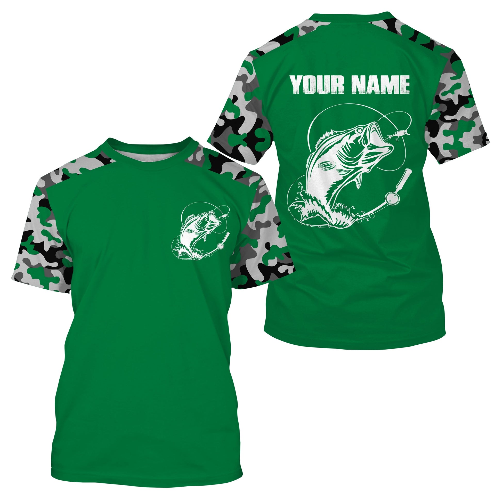 Custom Name Bass Fishing Camouflage Green Performance Fishing, Bass Fishing FSD2868