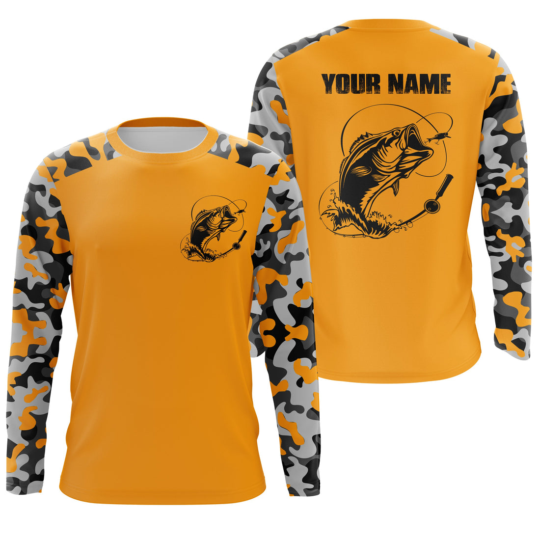 Custom Name Bass Fishing Camouflage Yellow Performance Fishing, Bass Fishing FSD2869
