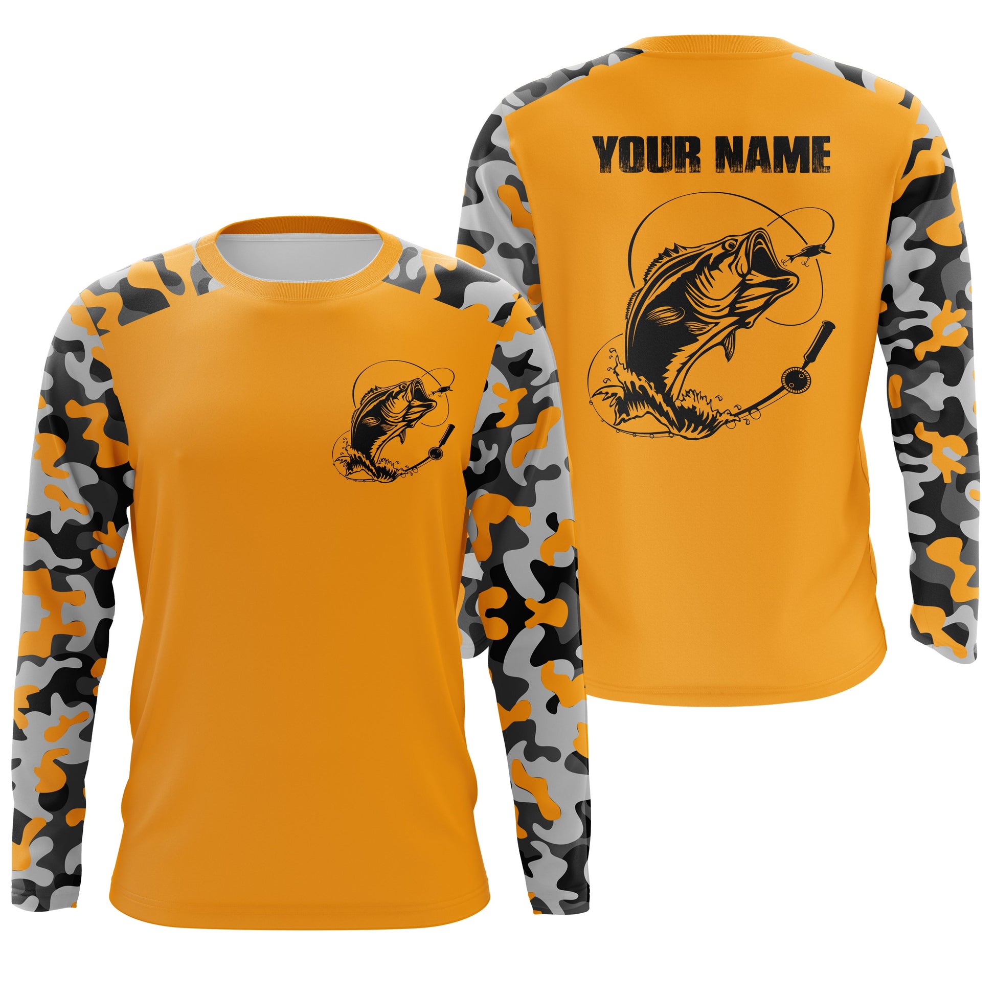 Custom Name Bass Fishing Camouflage Yellow Performance Fishing, Bass Fishing FSD2869