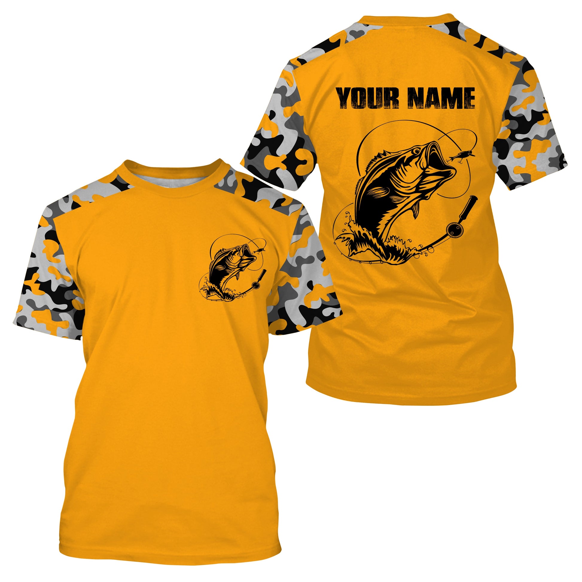 Custom Name Bass Fishing Camouflage Yellow Performance Fishing, Bass Fishing FSD2869