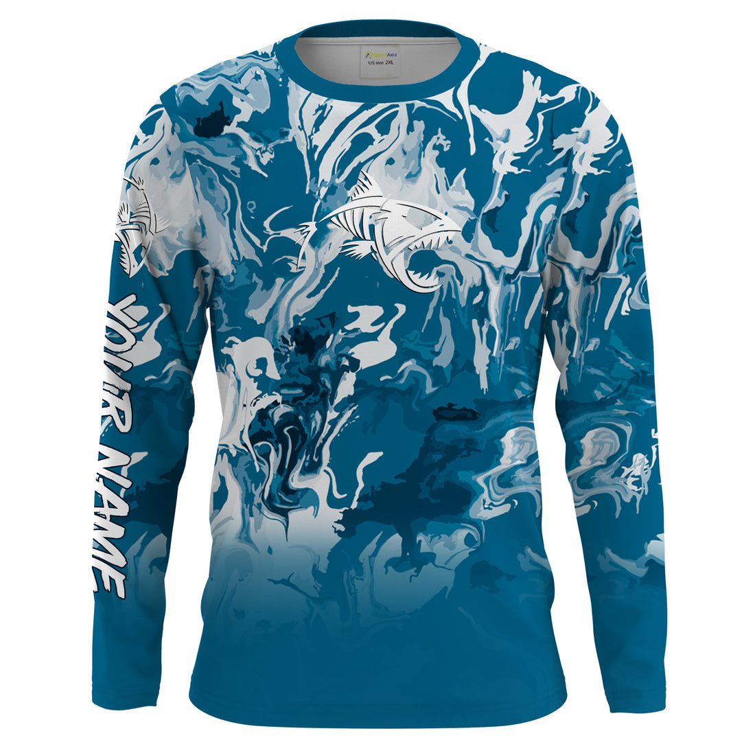 Fish Skeleton Sea waves Camo Long Sleeve Tshirt Performance Fishing with UV Protection - Personalized Fishing Gifts FSD2231