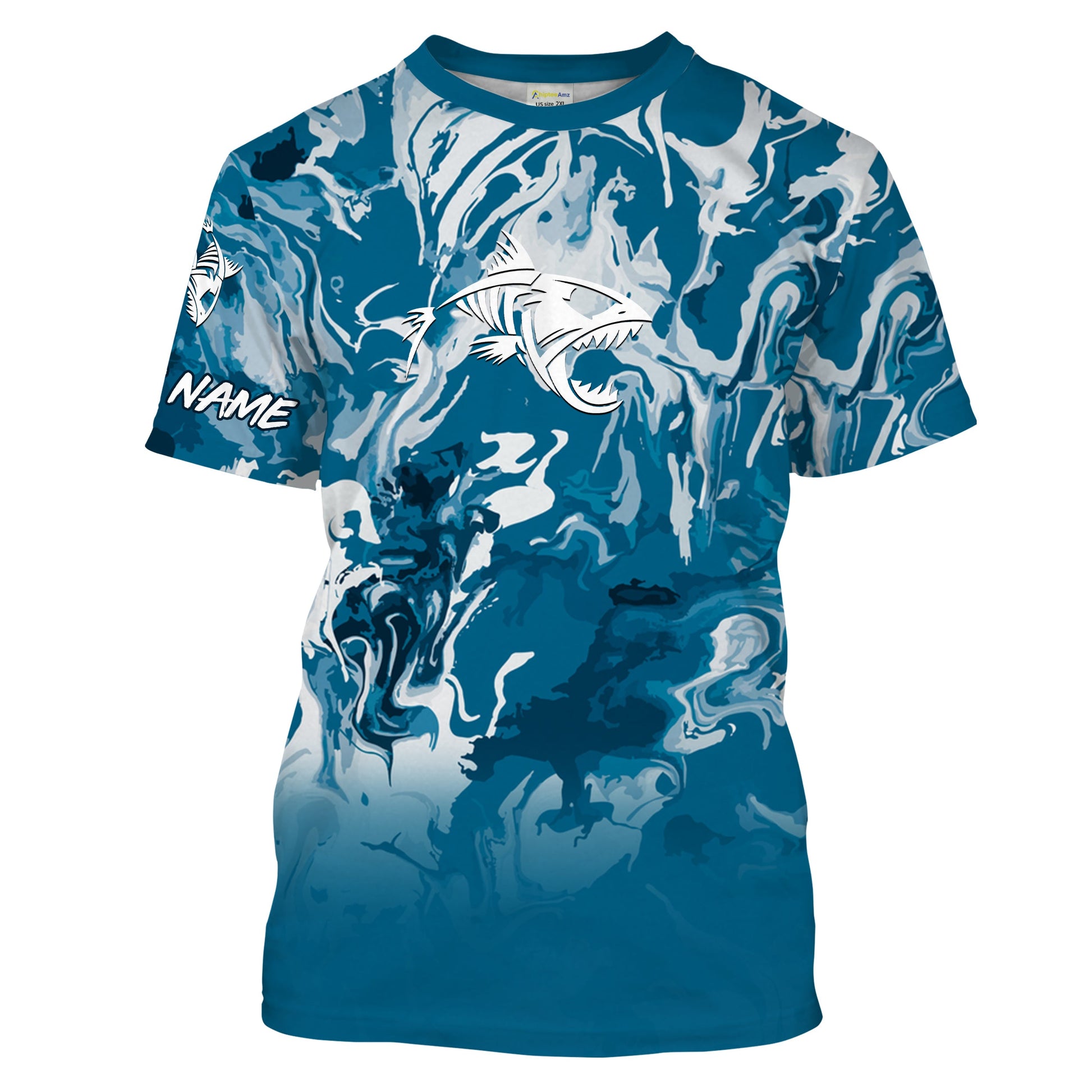Fish Skeleton Sea waves Camo Long Sleeve Tshirt Performance Fishing with UV Protection - Personalized Fishing Gifts FSD2231