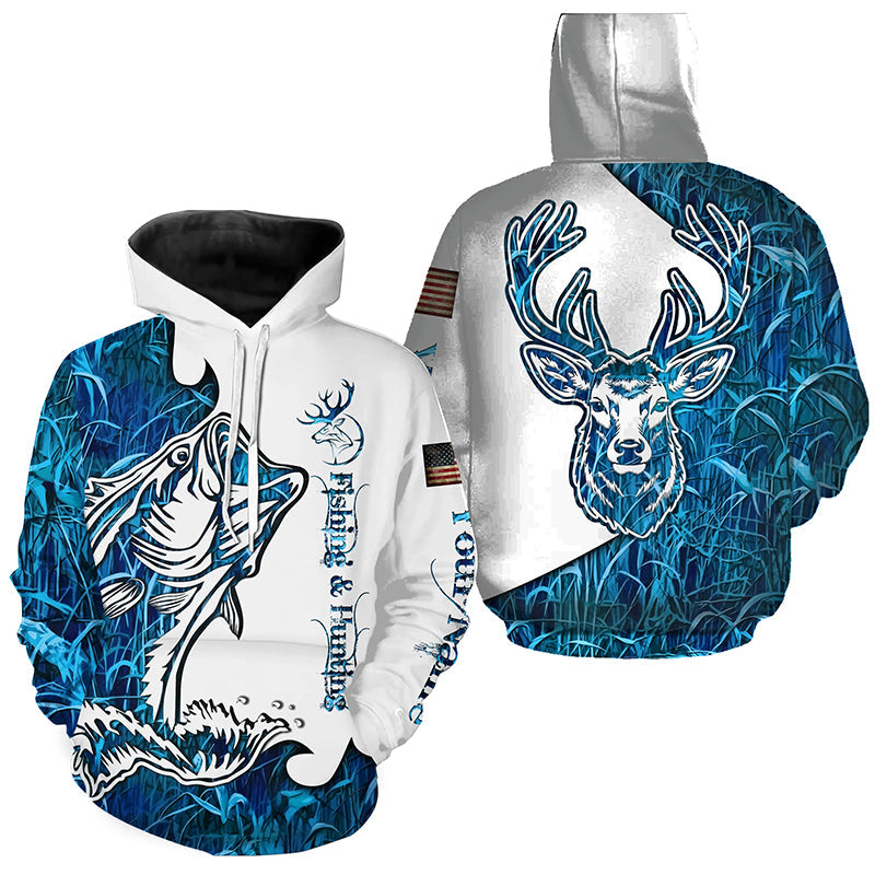 Fishing and Hunting Deer and Bass blue camo all over print, - Personalized Gifts FSD3189