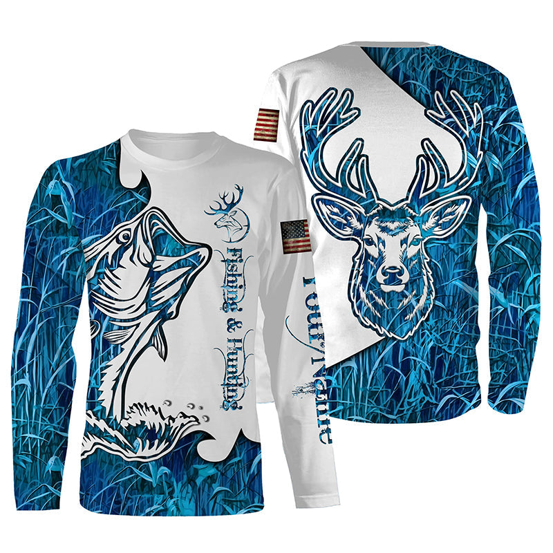 Fishing and Hunting Deer and Bass blue camo all over print, - Personalized Gifts FSD3189