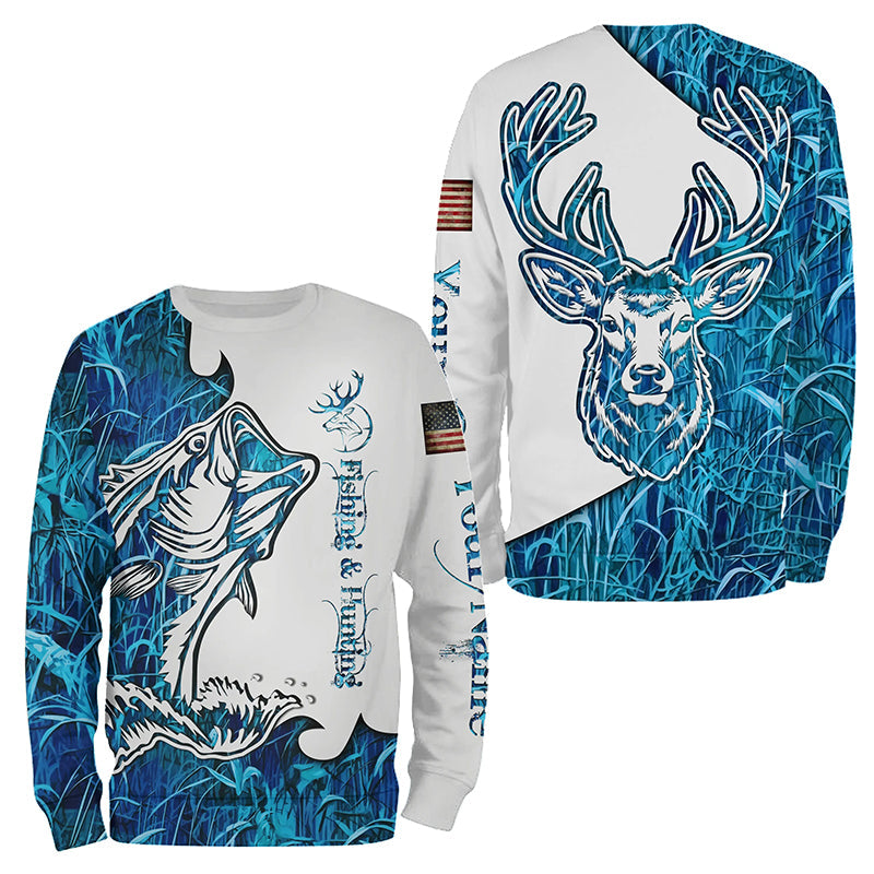 Fishing and Hunting Deer and Bass blue camo all over print, - Personalized Gifts FSD3189