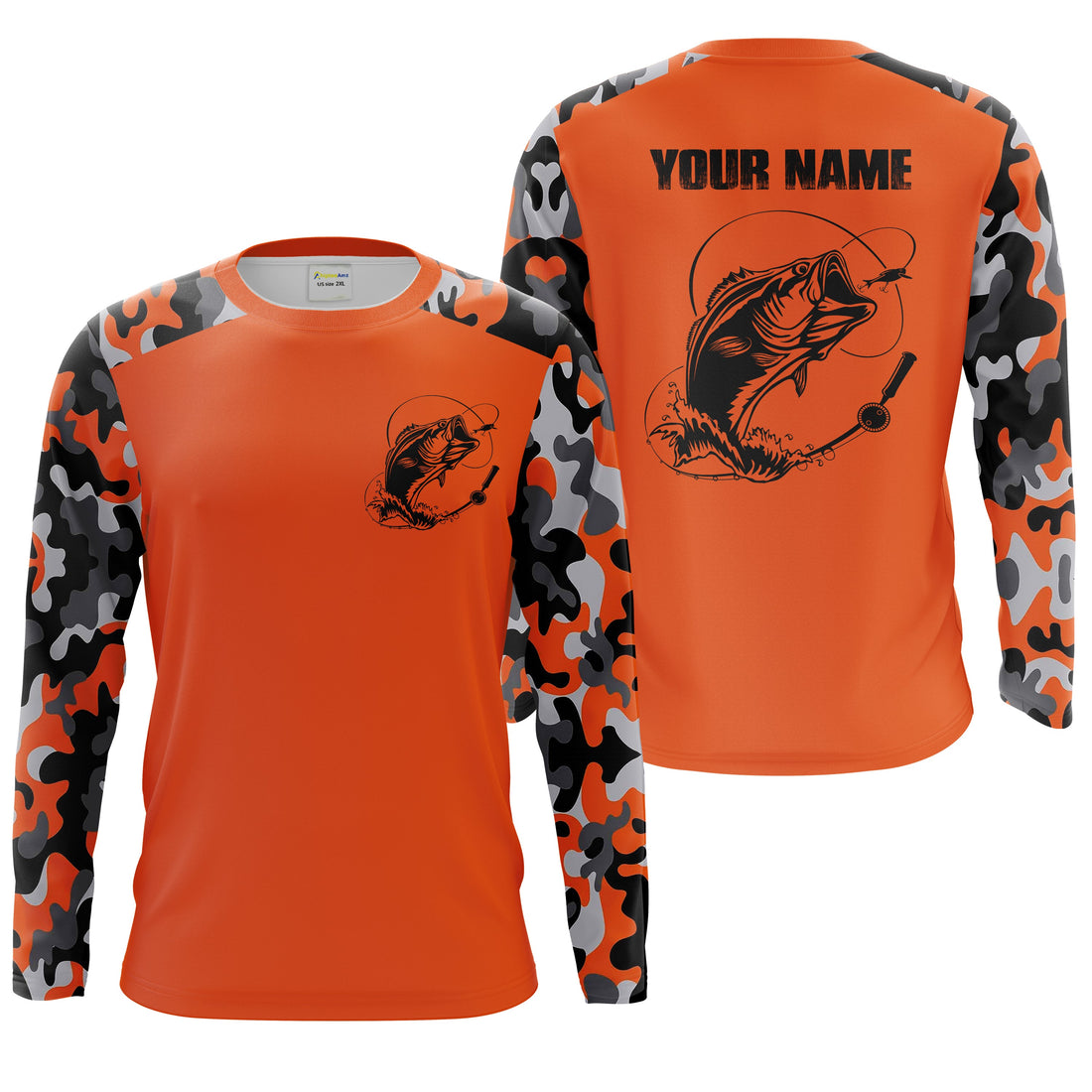 Custom Name Bass Fishing Camouflage Orange Performance Fishing, Bass Fishing FSD2272