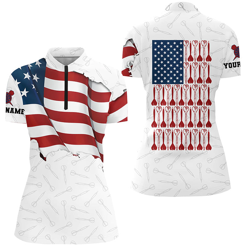 Darts Pattern Waving American Flag White Quarter-Zip Patriotic Dart