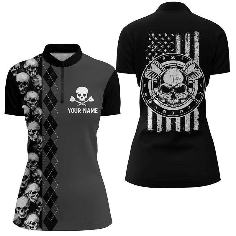 Black Grey Argyle Skull Darts Quarter-Zip American Flag Patriotic Women Darts
