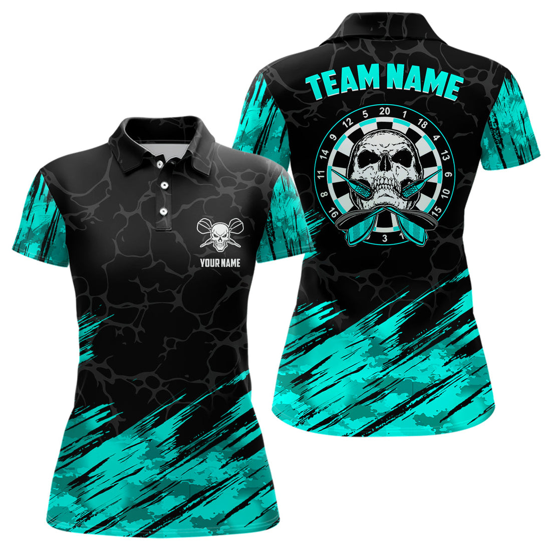 Personalized All Over Print Skull Dart Quarter-zip Turquoise Black Women Dart