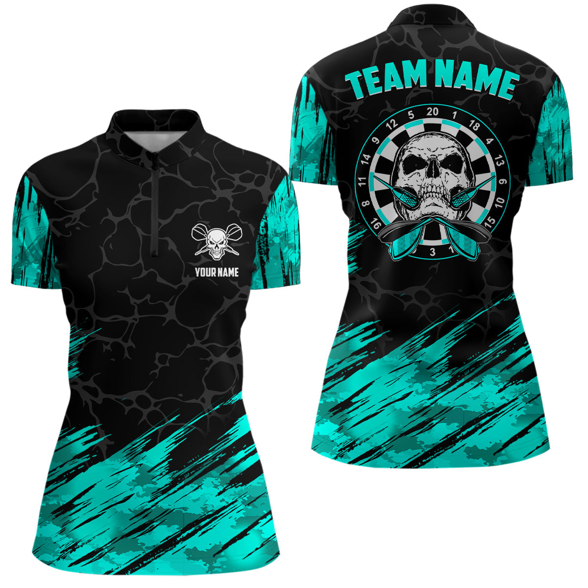 Personalized All Over Print Skull Dart Quarter-zip Turquoise Black Women Dart