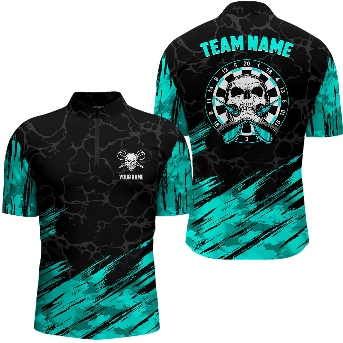 Personalized All Over Print Skull Dart Quarter-zip Turquoise Black Women Dart