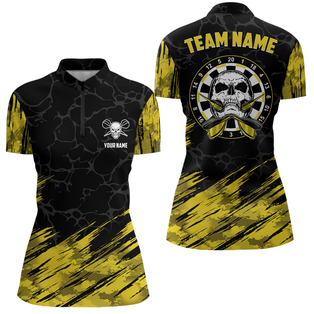 Personalized All Over Print Skull Darts Quarter-zip Yellow Black Women Dart