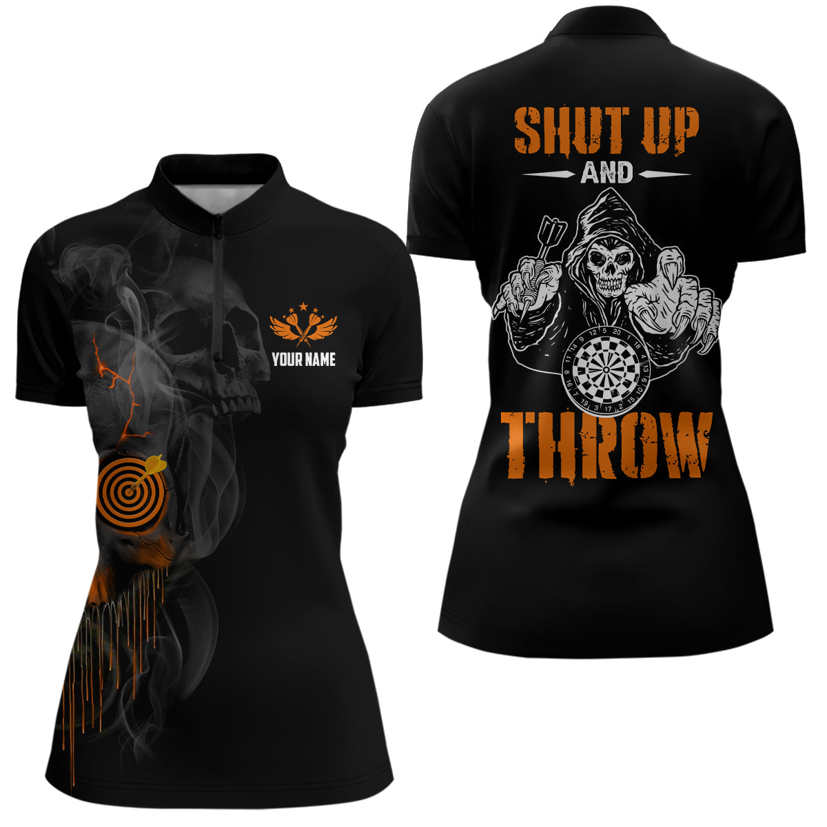 Womens Skull Darts Quarter-Zip Halloween Orange Darts Dart