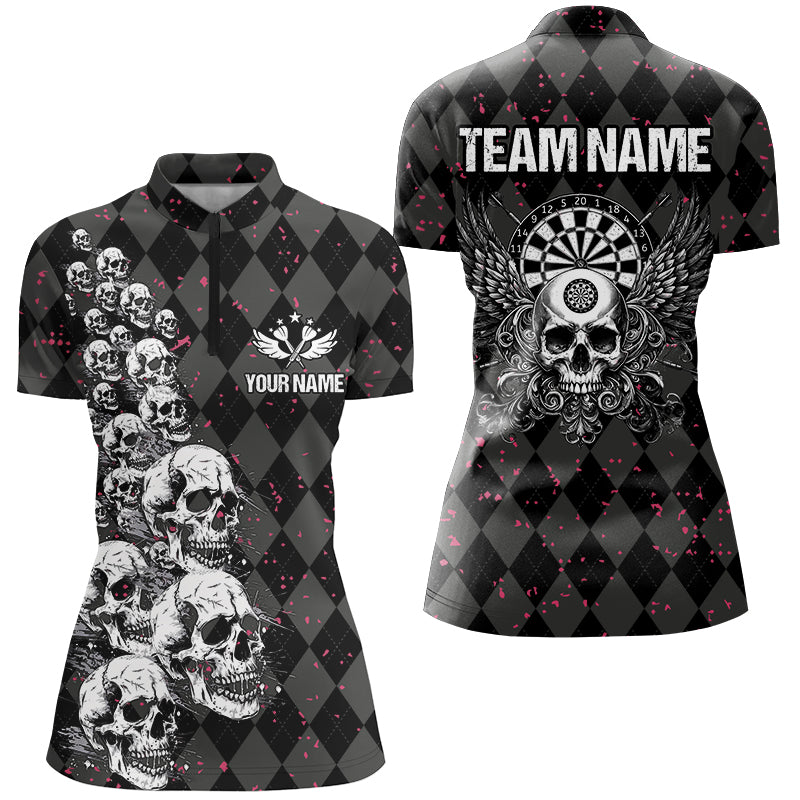 Personalized Wings And Skull Custom Black Argyle Men Darts, Funny Dart Uniform