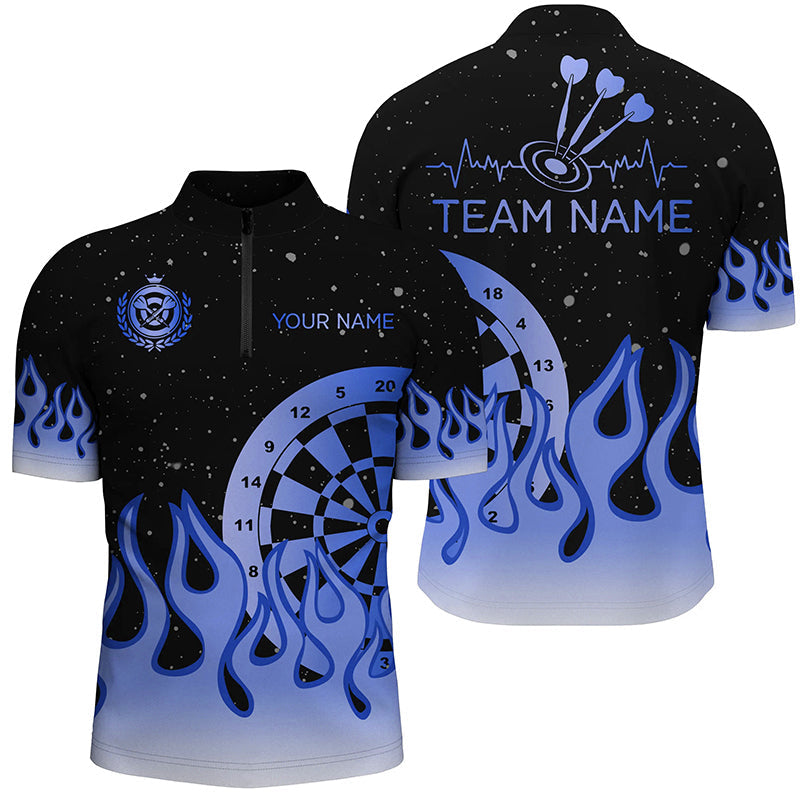 Blue Dartboard Fire Flame Men Darts and Quarter-Zip Custom Team Darts Gifts