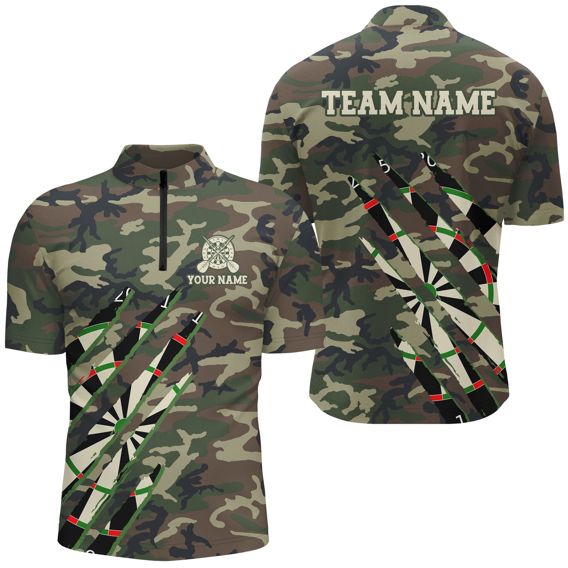 Military Green Camo Custom Women Darts and Quarter-Zip, Personalized Army Darts Team