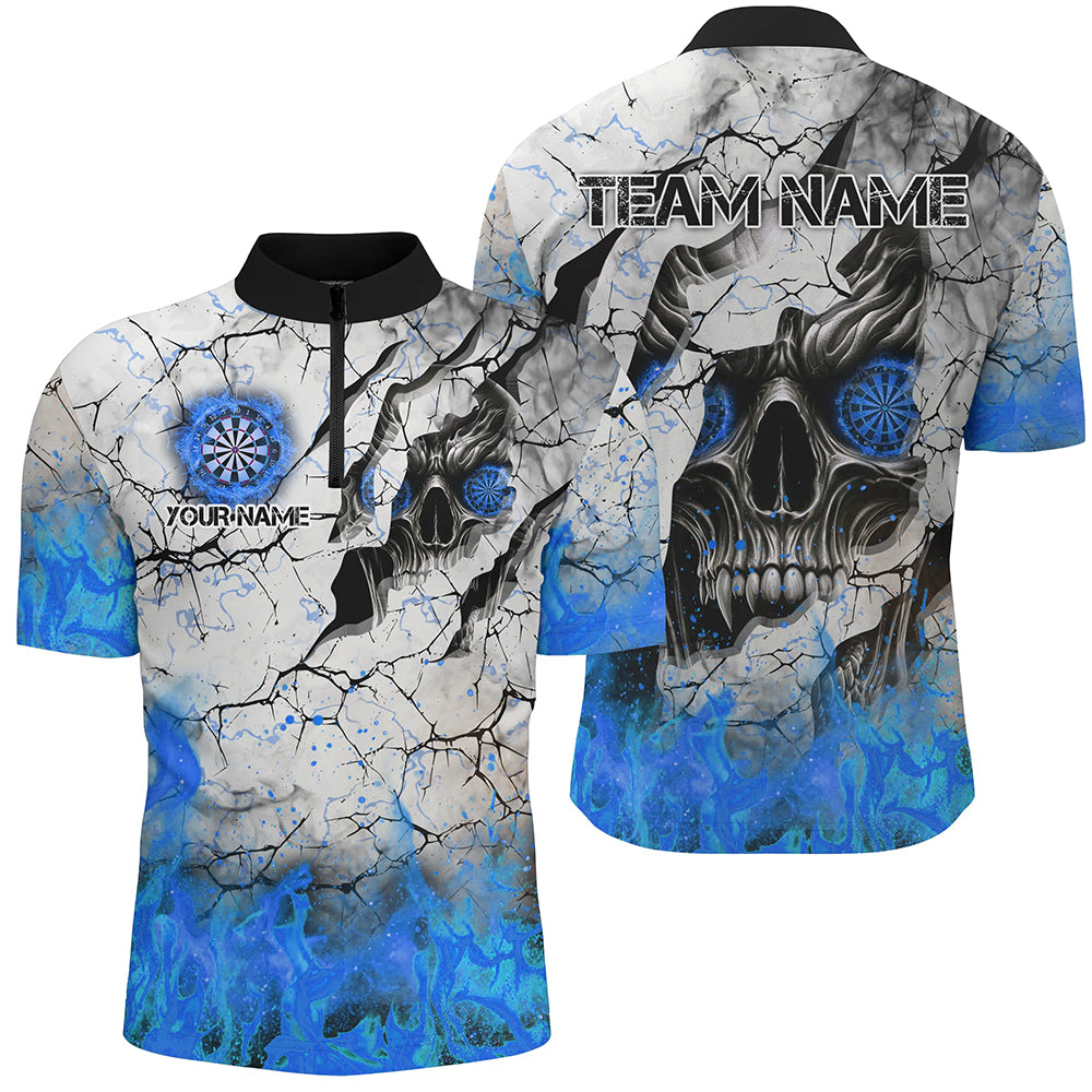 Personalized Skull Crack Pattern Men Dart Custom Fire Flame Dart Team Uniform |Blue