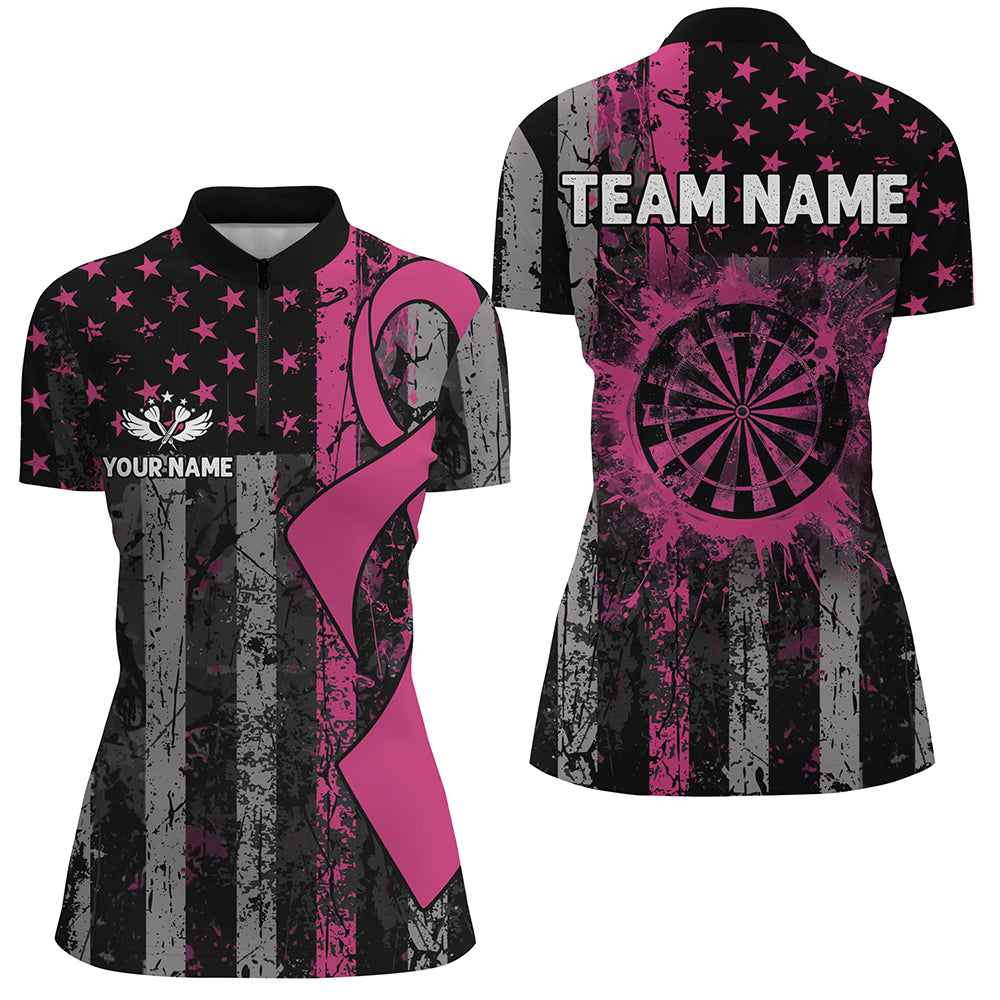 Custom Pink Ribbon Grunge American Flag Patriotic Darts, Breast Cancer Darts