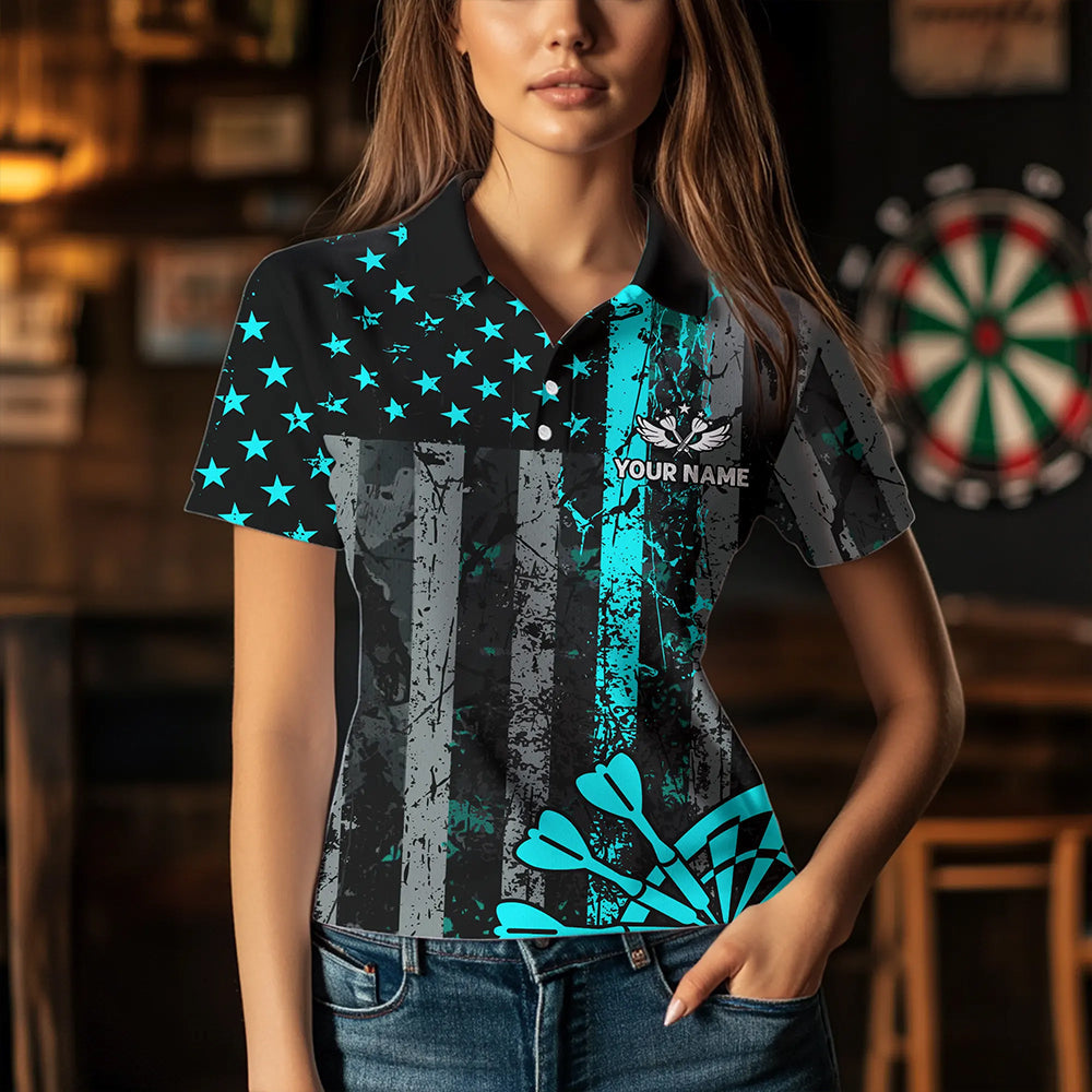 Custom Turquoise Grunge Us Flag Patriotic Darts, Retro Darts Board Darts Team
