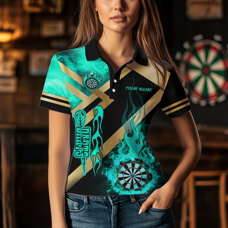 Personalized Gold And Turquoise Dartboard Fire Flame Custom Dart, Darts Team