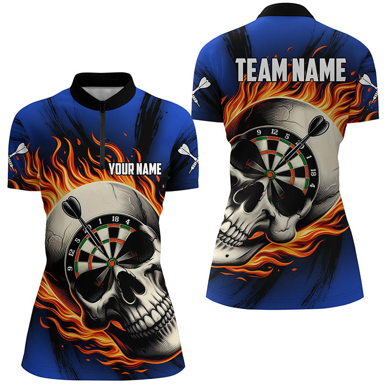 Flaming Dart Skull Men Quarter-Zip Custom Darts For Team Dart |Blue