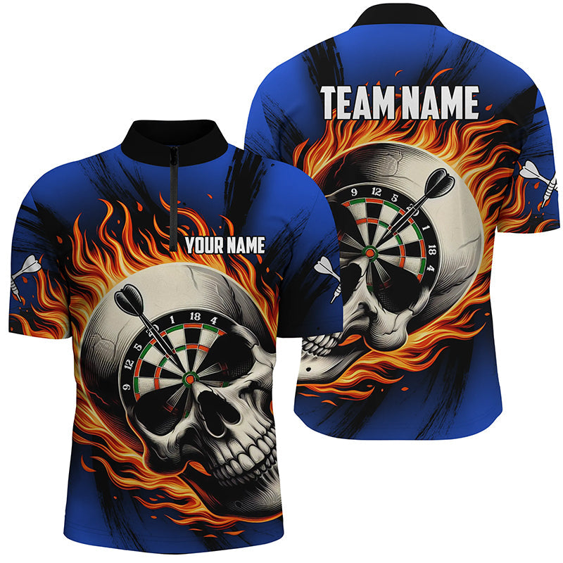 Flaming Dart Skull Men Quarter-Zip Custom Darts For Team Dart |Blue