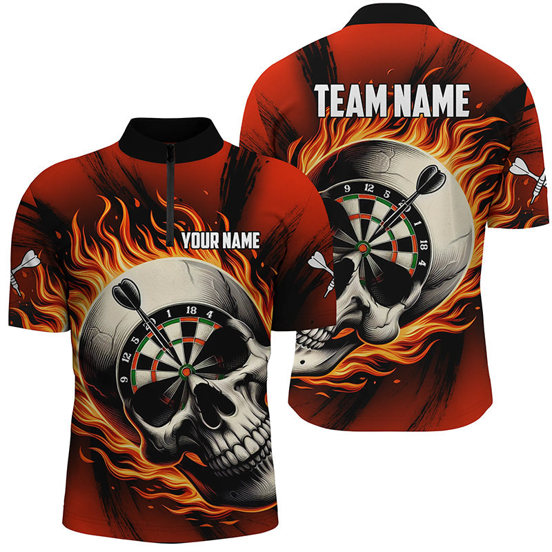 Flaming Dart Skull Men Quarter-Zip Custom Darts For Team Dart |Red