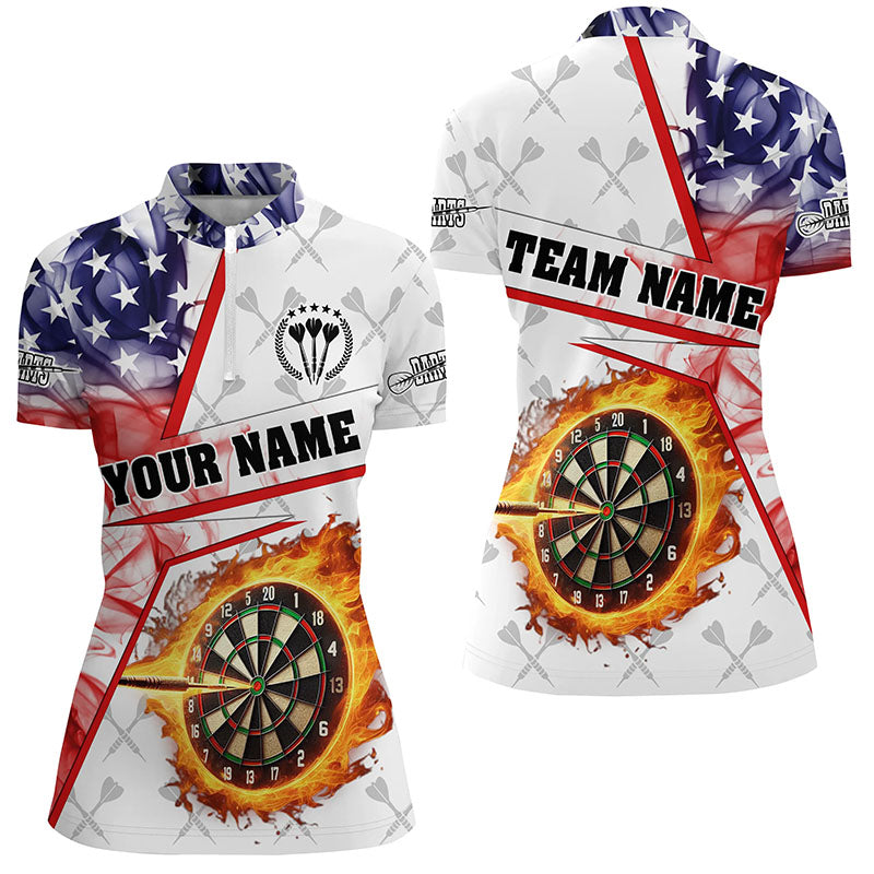 US Flag Smoke Custom Fire Flame Darts and Quarter-Zip Patriotic Darts League |White
