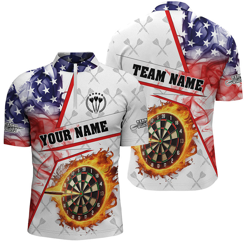 US Flag Smoke Custom Fire Flame Darts and Quarter-Zip Patriotic Darts League |White