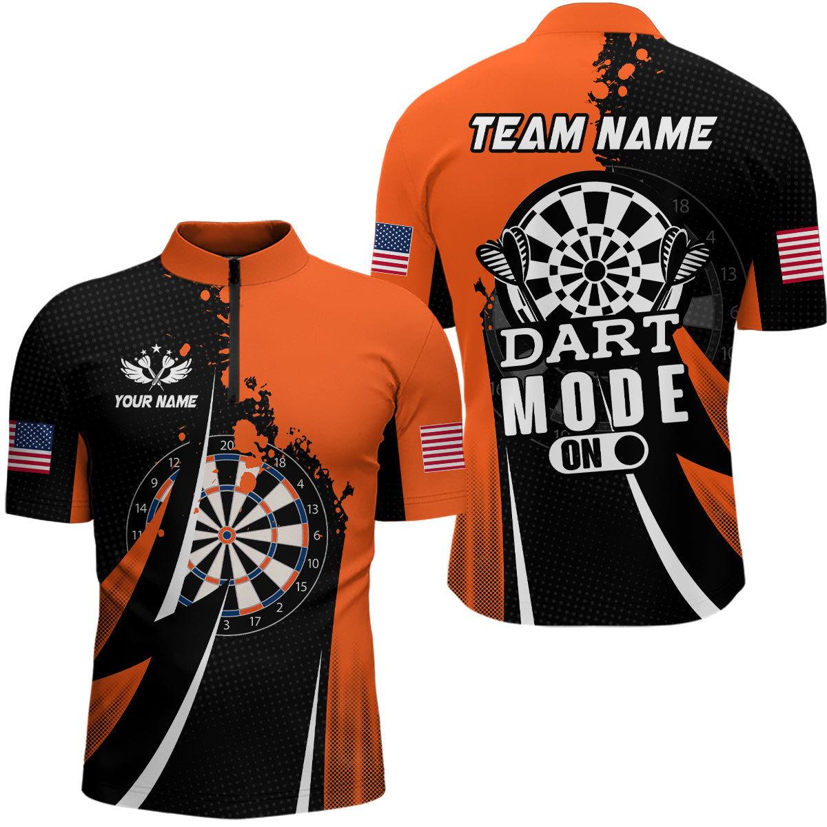 Personalized Orange Dart Mode On Men Darts and Quarter-Zip Custom Darts Team