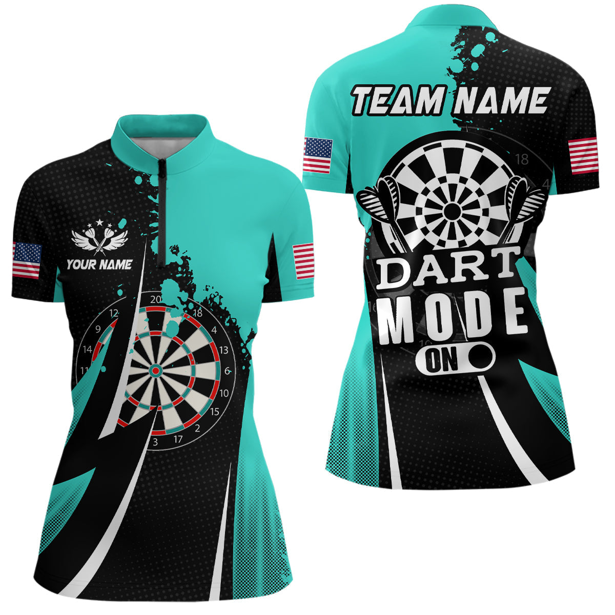 Personalized Turquoise Dart Mode On Men and Quarter-Zip Custom Darts Team