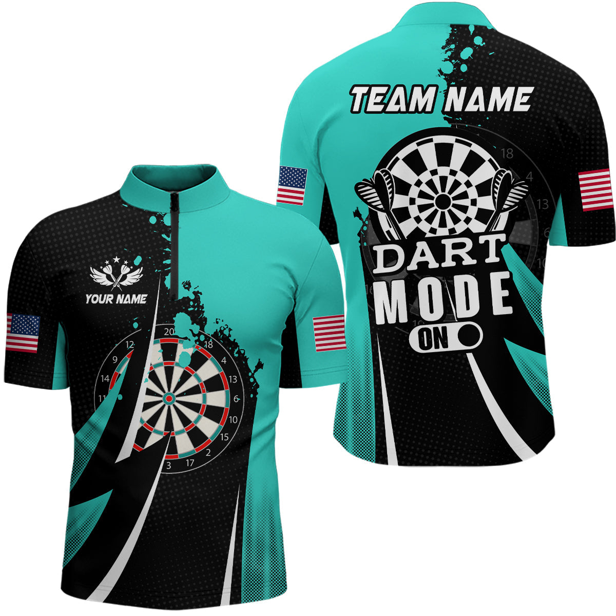 Personalized Turquoise Dart Mode On Men and Quarter-Zip Custom Darts Team