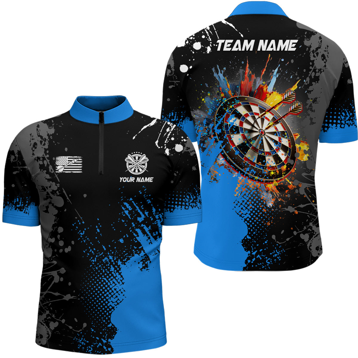 Personalized Paint Blue 3D Dartboard Men Quarter-Zip Custom Darts Attire