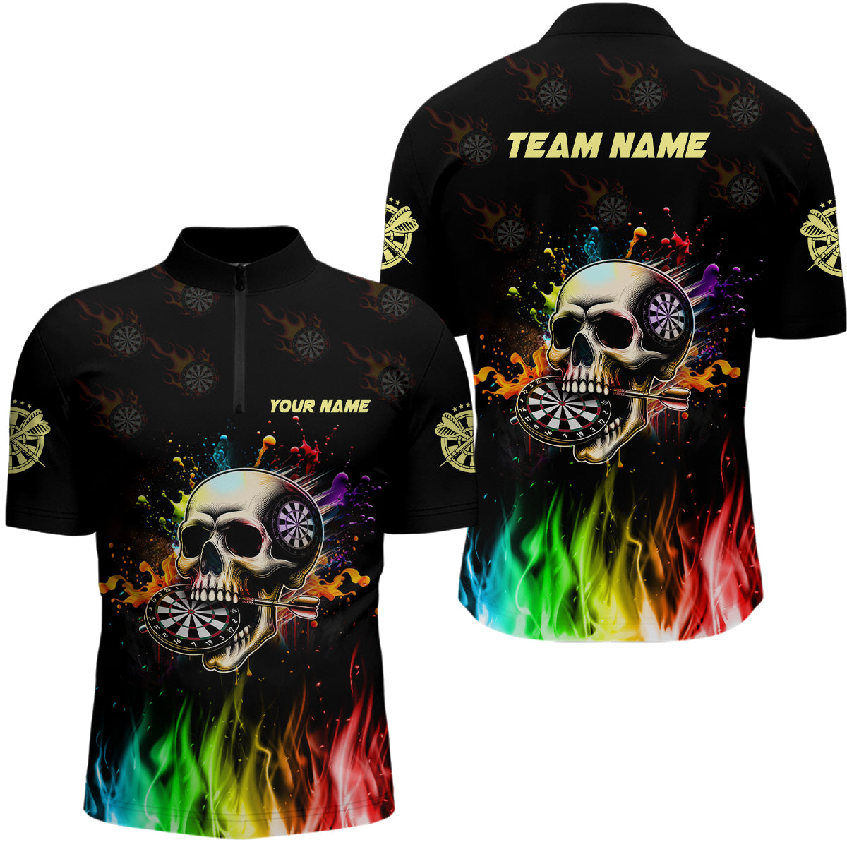 Funny 3D Darts Skull Colorful Fire Darts Men Quarter-Zip Custom Dart Team