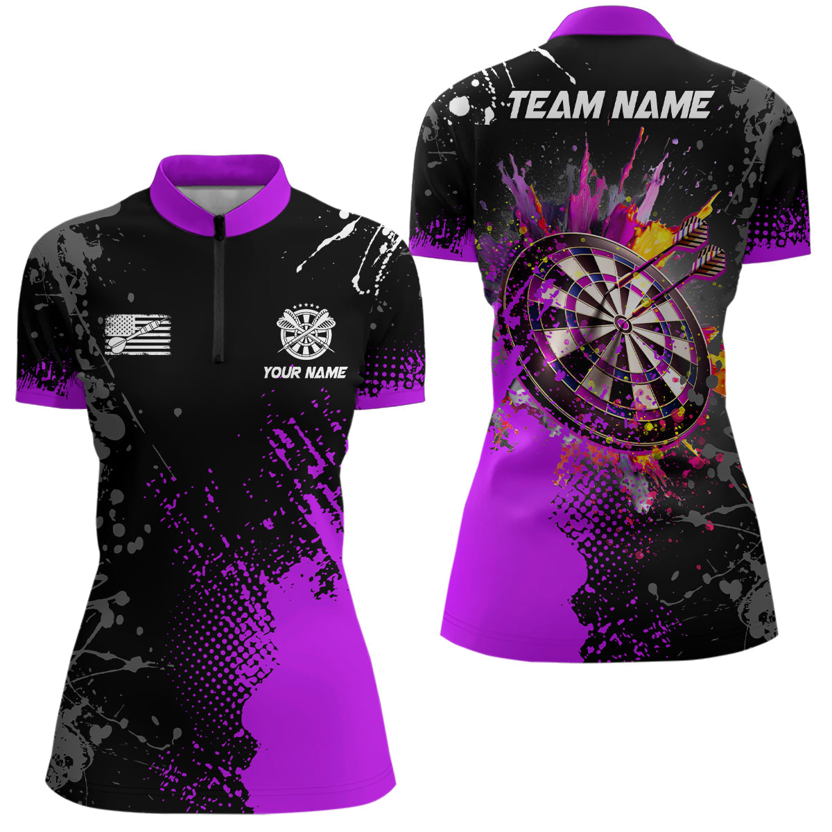 Personalized Paint Purple 3D Dartboard Men Quarter-Zip Custom Darts Attire