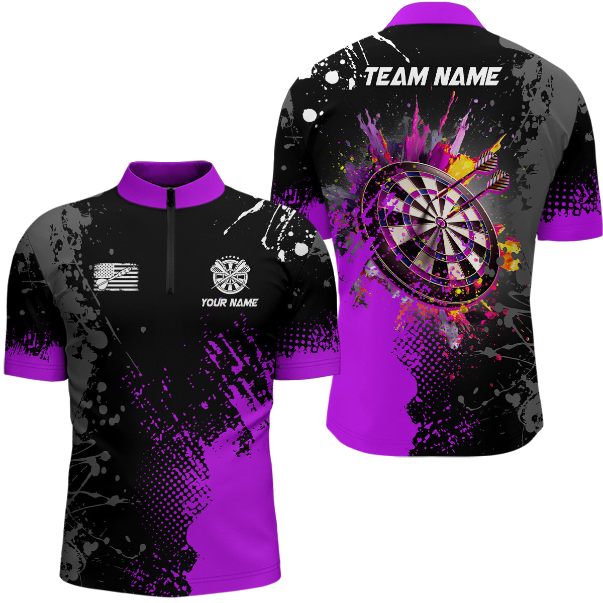 Personalized Paint Purple 3D Dartboard Men Quarter-Zip Custom Darts Attire