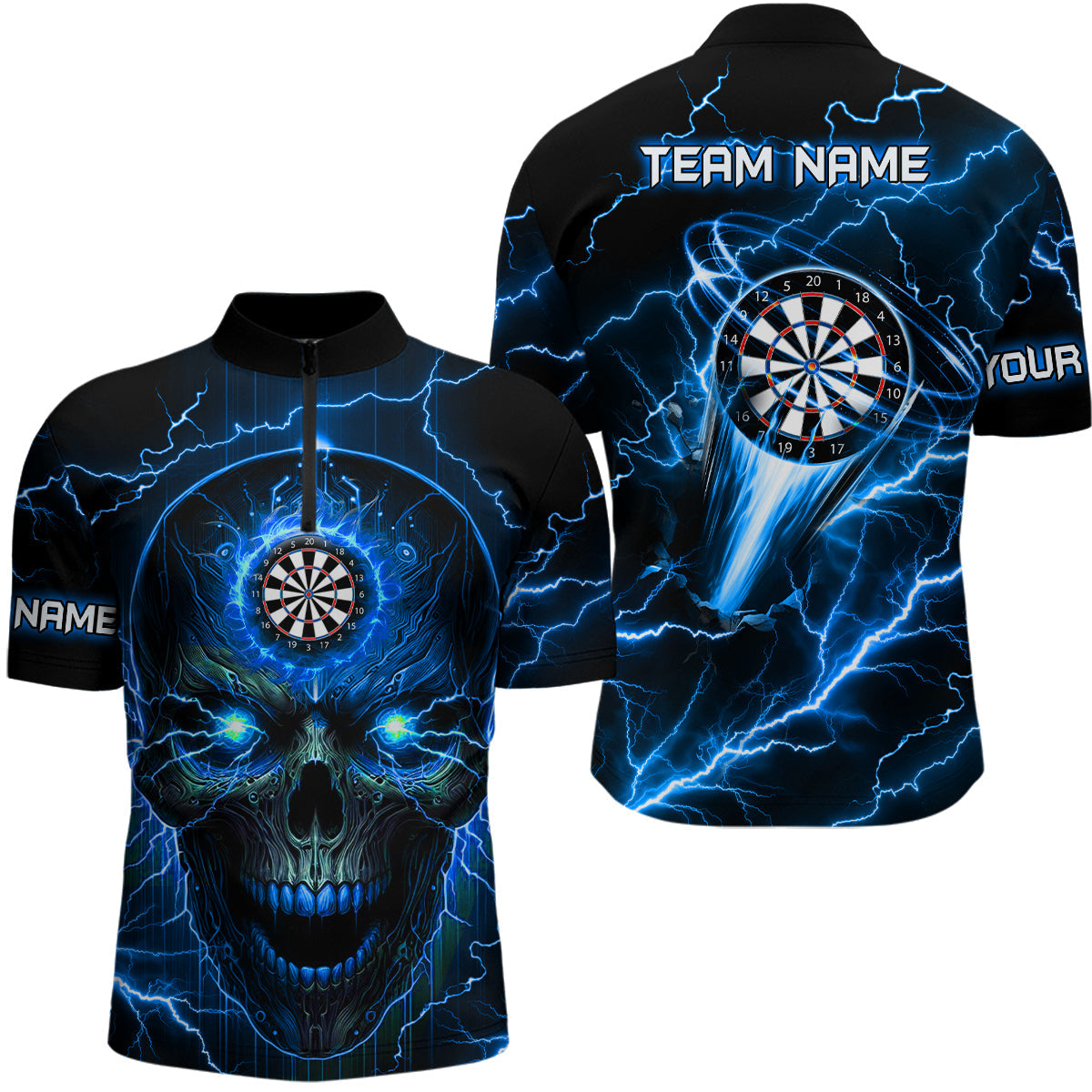 Blue Darts Skull Men Quarter-Zip Custom Lightning Thunder Team League Darts