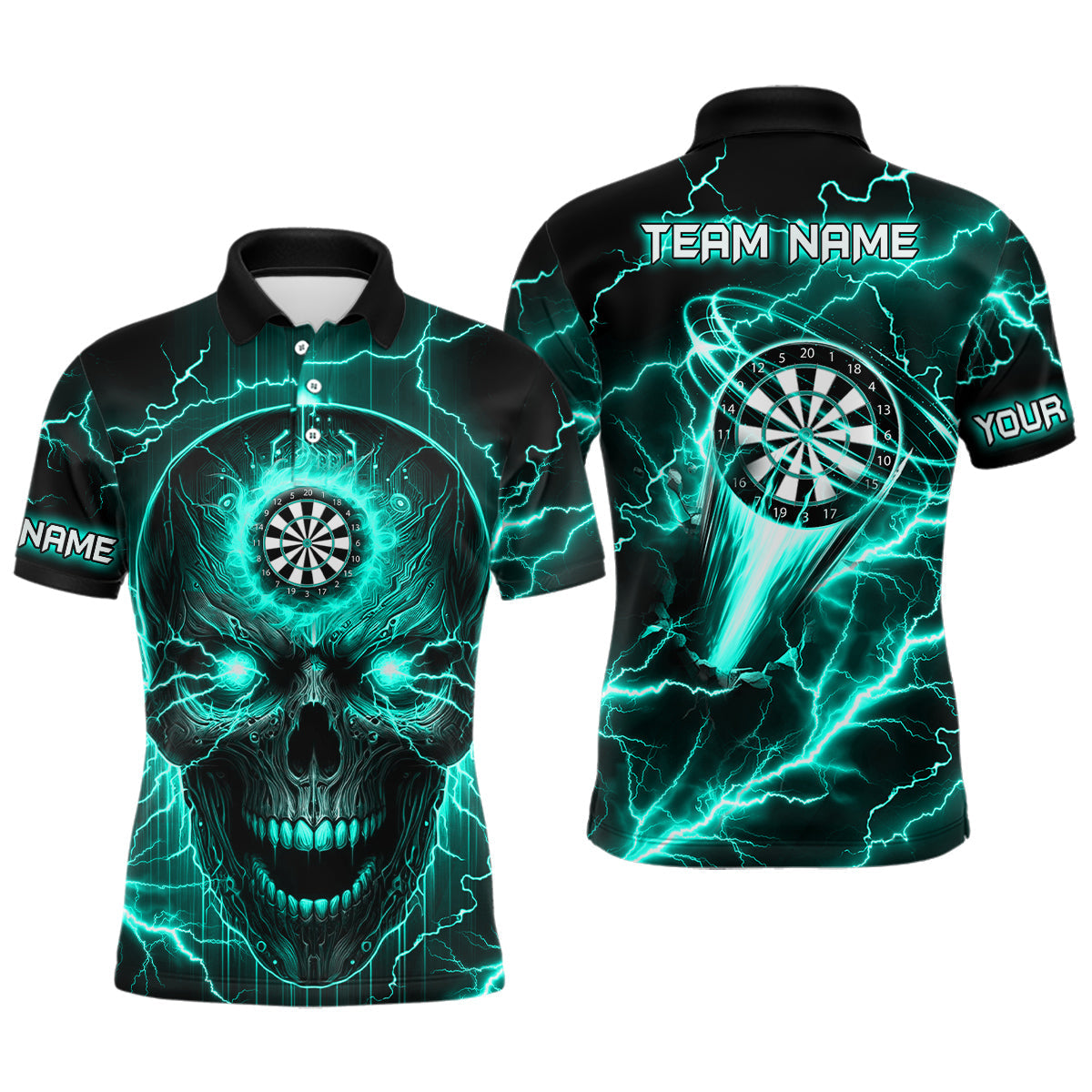 Turquoise Darts Skull Men, Quarter-Zip Custom Lightning Thunder Team League Dart