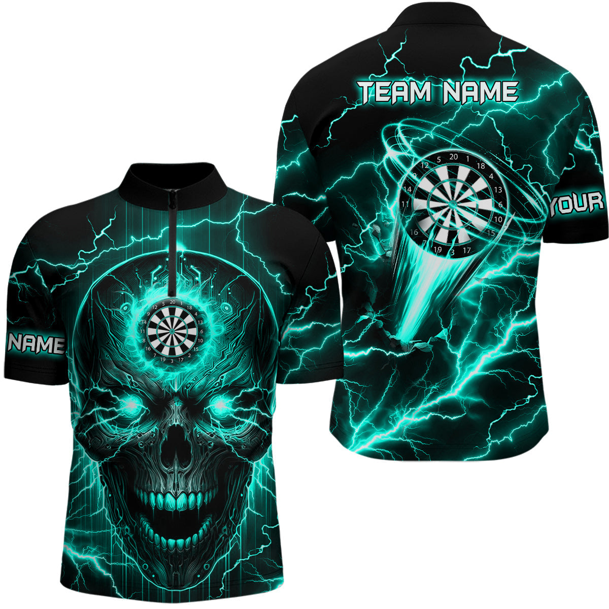 Turquoise Darts Skull Men, Quarter-Zip Custom Lightning Thunder Team League Dart