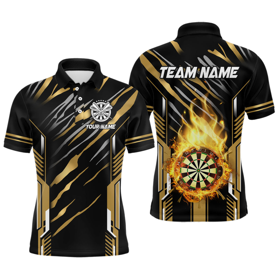 3D Darts Board Fire Flame Custom Dart, Best Dart League Team Uniform | Gold
