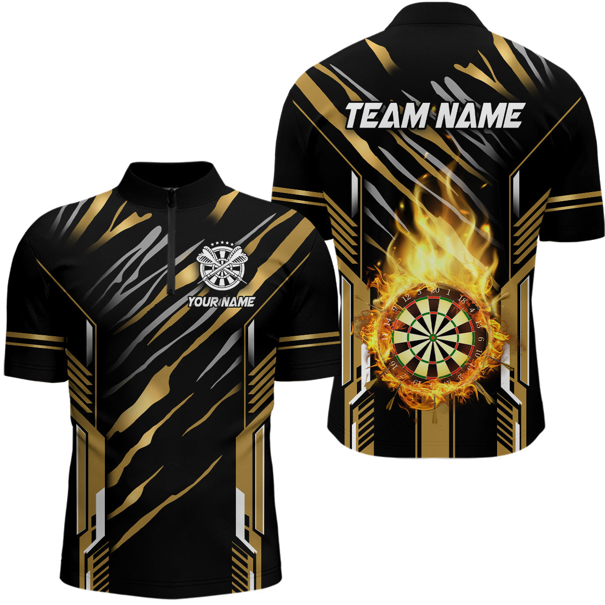 3D Darts Board Fire Flame Custom Dart, Best Dart League Team Uniform | Gold