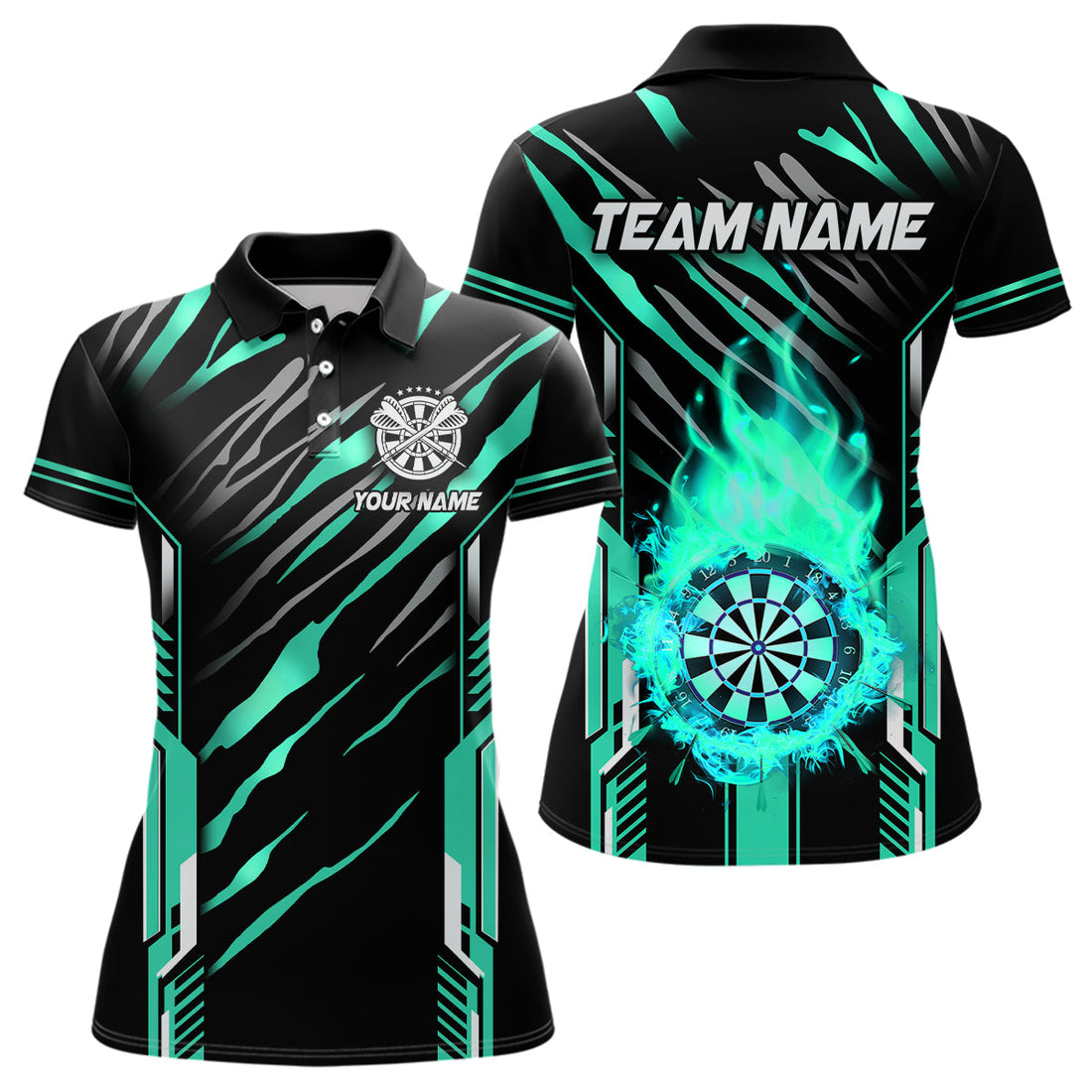 3D Darts Board Fire Flame Custom Dart, Best Dart League Team Uniform | Cyan