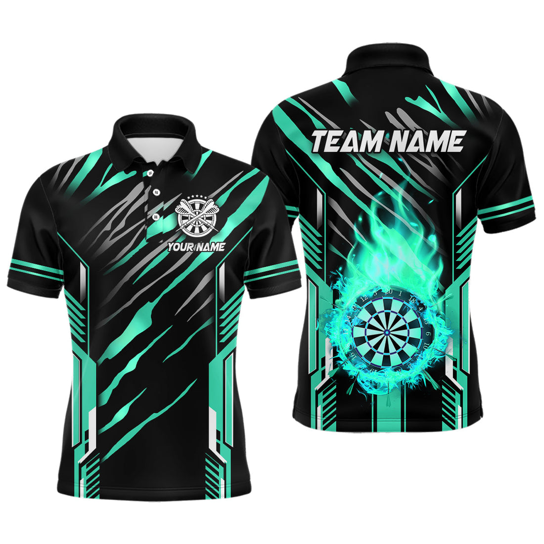 3D Darts Board Fire Flame Custom Dart, Best Dart League Team Uniform | Cyan
