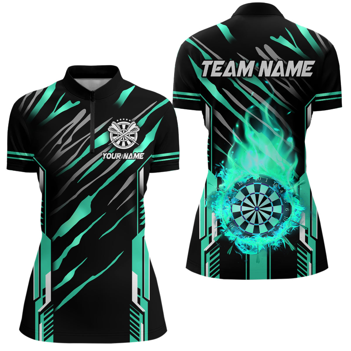 3D Darts Board Fire Flame Custom Dart, Best Dart League Team Uniform | Cyan