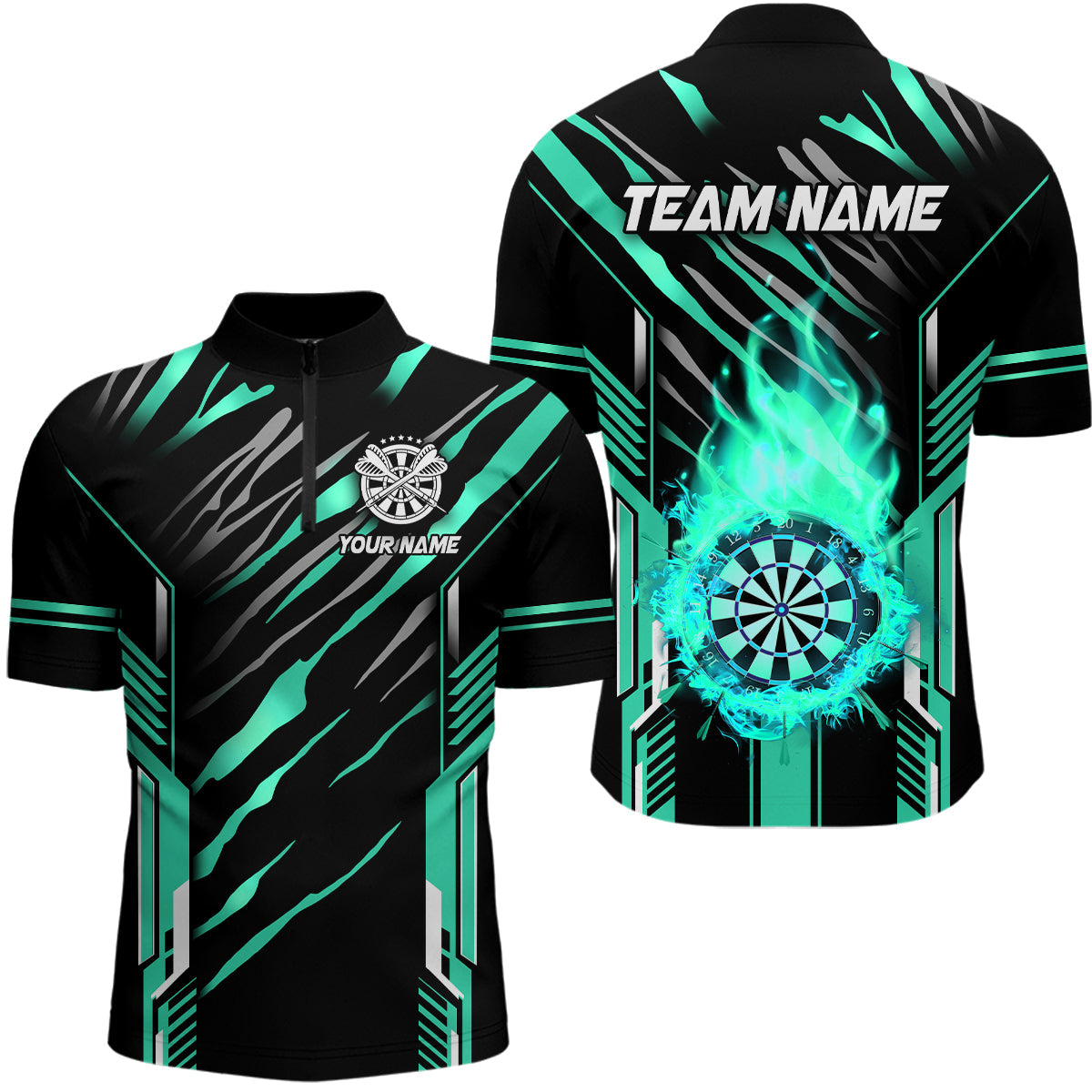 3D Darts Board Fire Flame Custom Dart, Best Dart League Team Uniform | Cyan