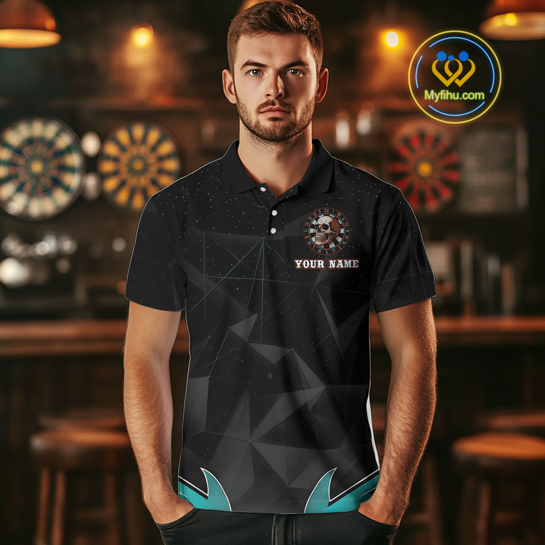 Turquoise Galaxy and Colorful Dartboard Men's Darts - Custom Name For Players NYN0474